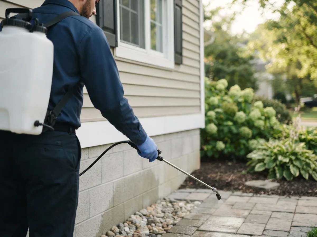 Pest control technician inspecting a home in Smithville, OK